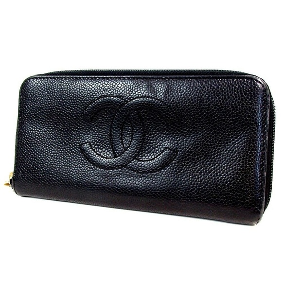 Authentic CHANEL CC mark round zipper purse cavier